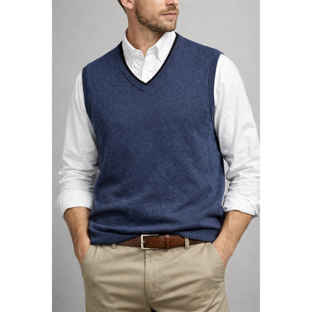 PJ Paul Jones Mens Blue V-Neck‎ Sweater Vest Size Large Preppy Golf Cotton Knit